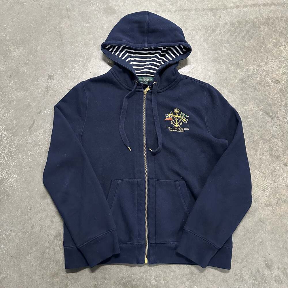 Lauren Jeans Co. Ralph Lauren Navy Blue Crest Logo Zip-Up Hoodie Women's Size M